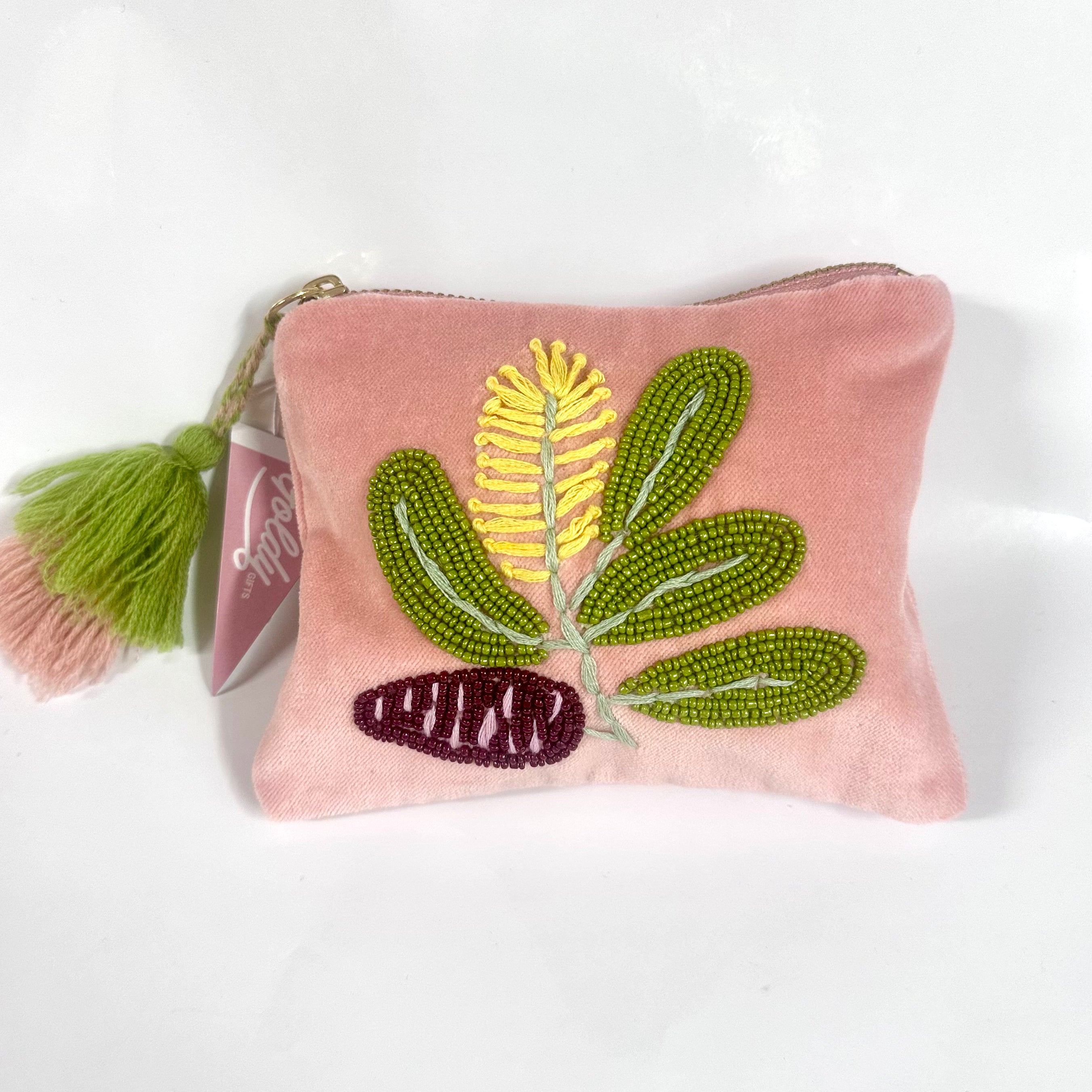 Wattle Embroidered Velvet Pouch